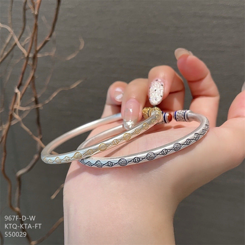 Chinese enamel pattern round stick sterling silver bracelet - jewelryweilin