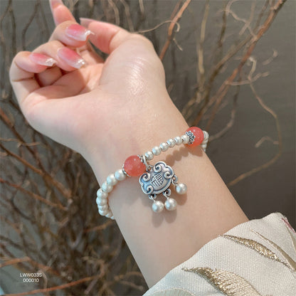 Chinese Good Luck Charm Agate Silver Bead Bracelet - jewelryweilin