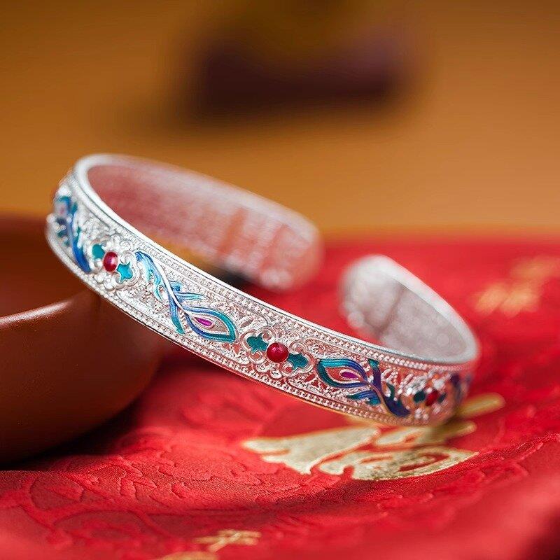 New Chinese style ancient heart sutra phoenix enamel bracelet