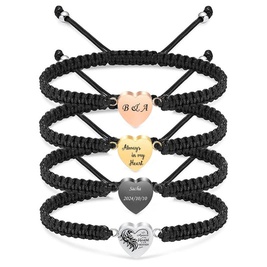 Engraved heart-shaped woven rope bracelet