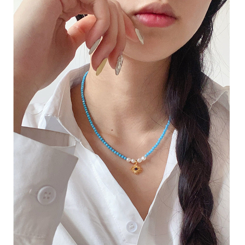 Ladies Vintage Evil Eye Natural Stone Pearl Necklace - jewelryweilin