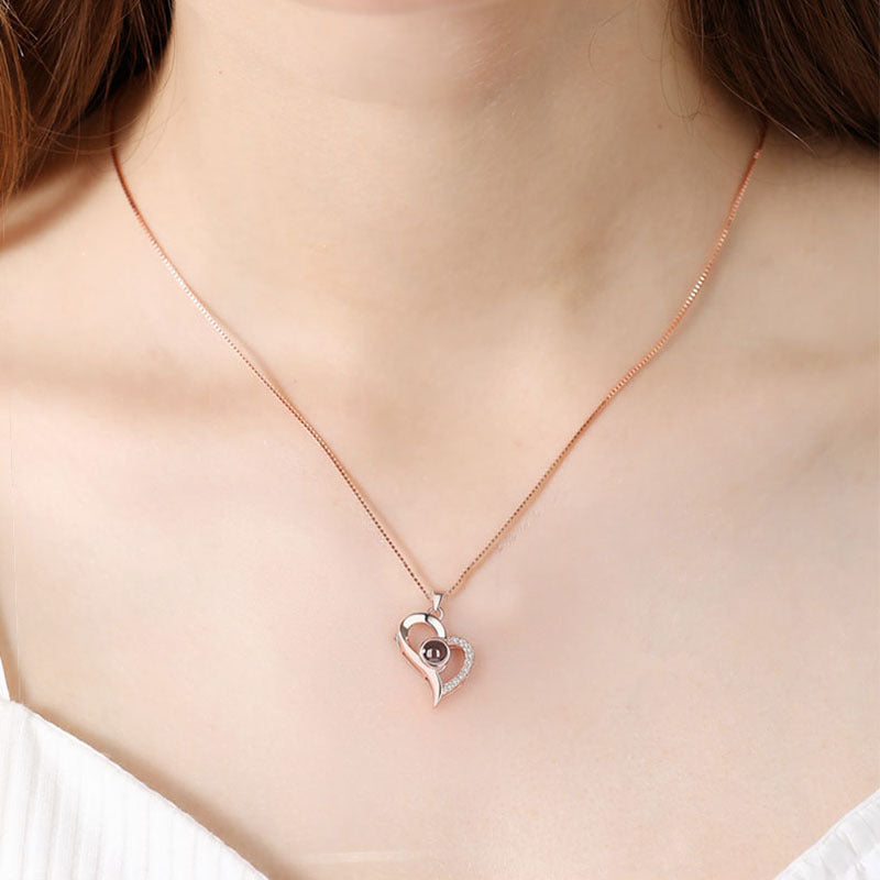 Photo projection zircon heart necklace