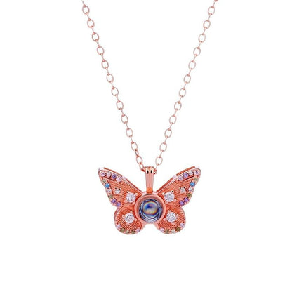 Photo projection colored diamond butterfly necklace