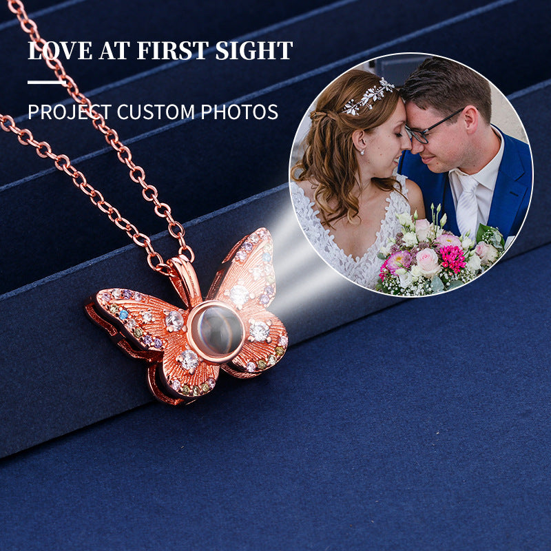 Photo projection colored diamond butterfly necklace
