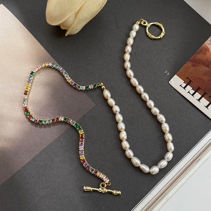 Women's fashionable all-match ot buckle colorful zircon natural freshwater pearl necklace - jewelryweilin