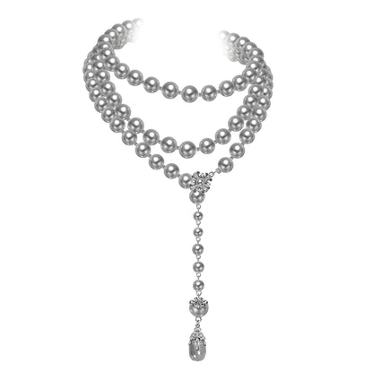 Long pearl necklace with multiple layers