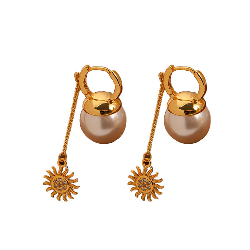 High-end sunflower pearl tassel retro earrings - jewelryweilin