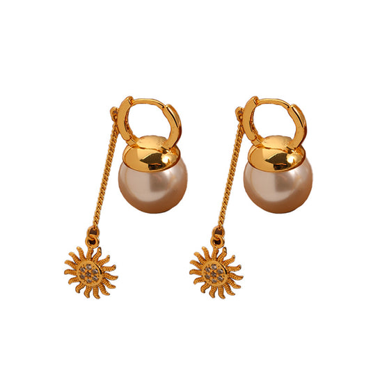 High-end sunflower pearl tassel retro earrings - jewelryweilin