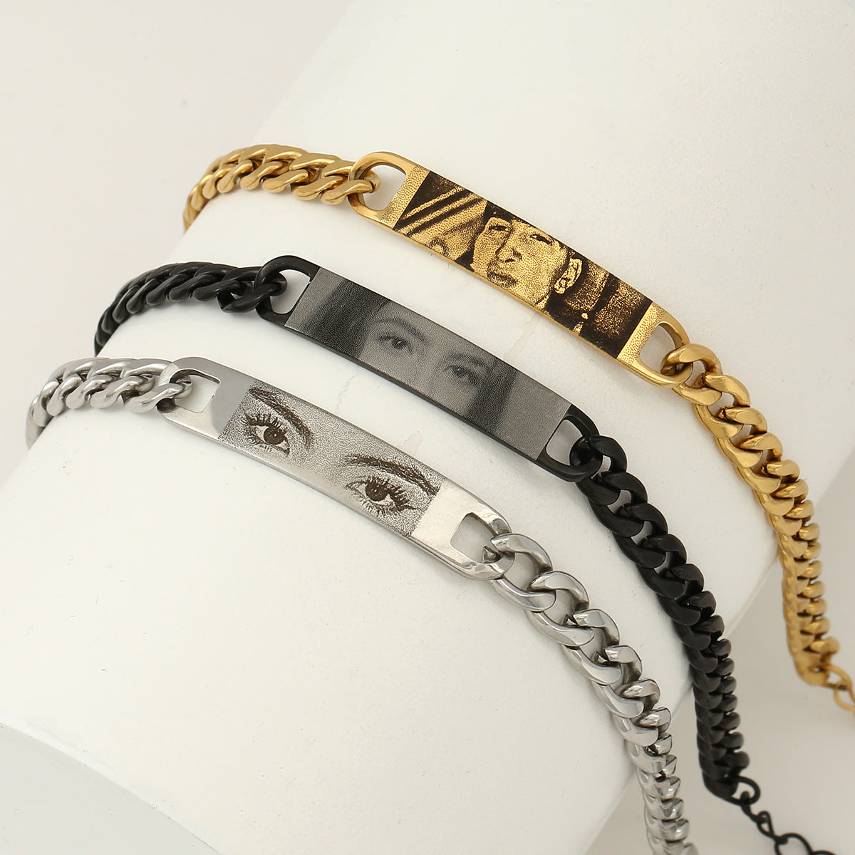 Engraved text and image custom bracelet with eyes