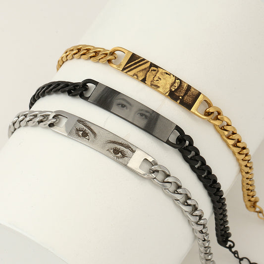 Engraved text and image custom bracelet with eyes