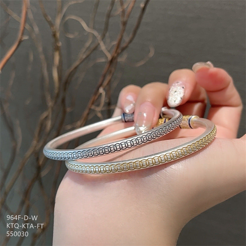 Chinese enamel pattern round stick sterling silver bracelet - jewelryweilin