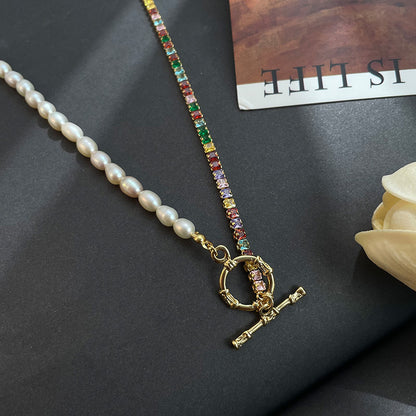Women's fashionable all-match ot buckle colorful zircon natural freshwater pearl necklace - jewelryweilin