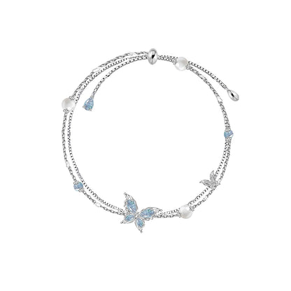 Frozen Ice Blue Butterfly Double Layer Pearl Bracelet