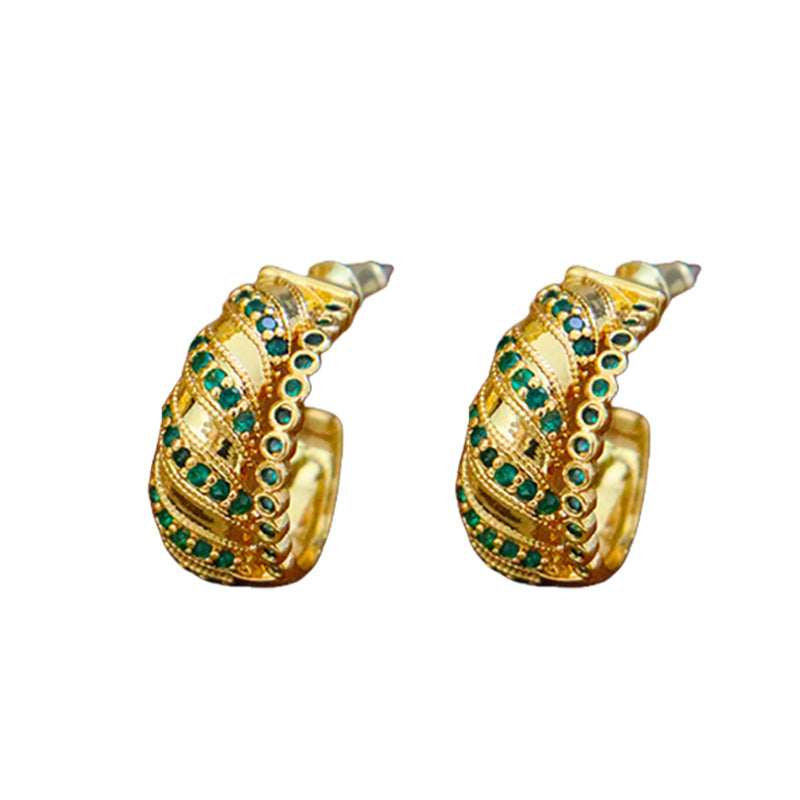 High-grade retro green zircon c-shaped earrings - jewelryweilin