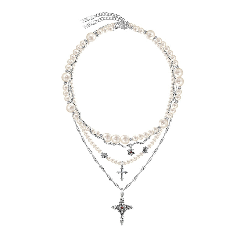 Baroque pearl cross necklace with layered chains