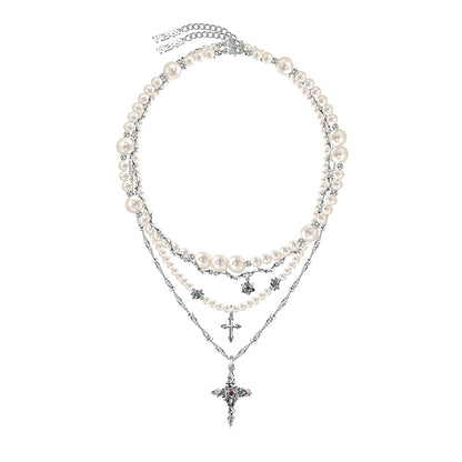 Baroque pearl cross necklace with layered chains