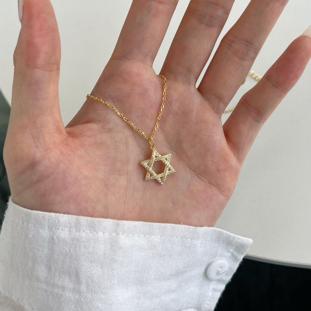 Fashionable and exquisite personality zircon six-pointed star pendant necklace - jewelryweilin