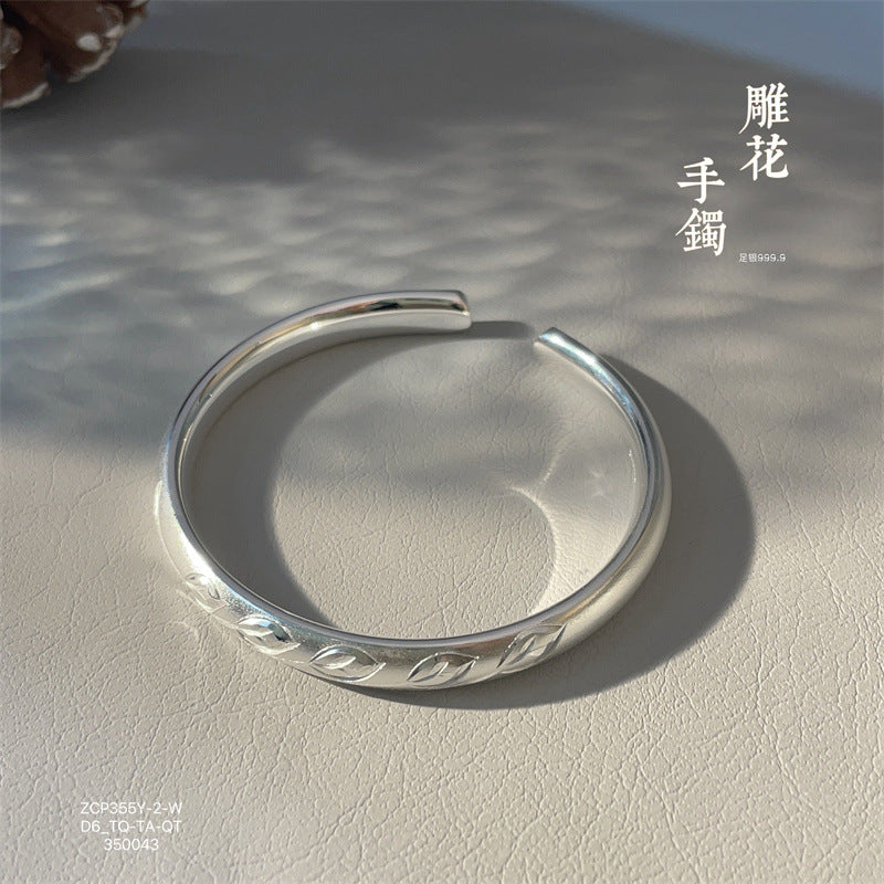 China Solid Sterling Silver Bamboo Leaf Open Bracelet - jewelryweilin