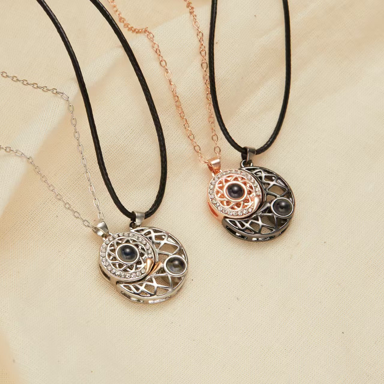 Photo projection sun and moon necklace
