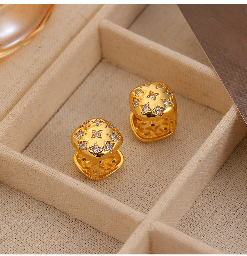 Simple retro three-dimensional square star zircon earrings - jewelryweilin