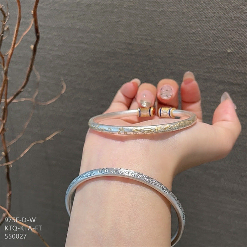 Chinese enamel pattern round stick sterling silver bracelet - jewelryweilin