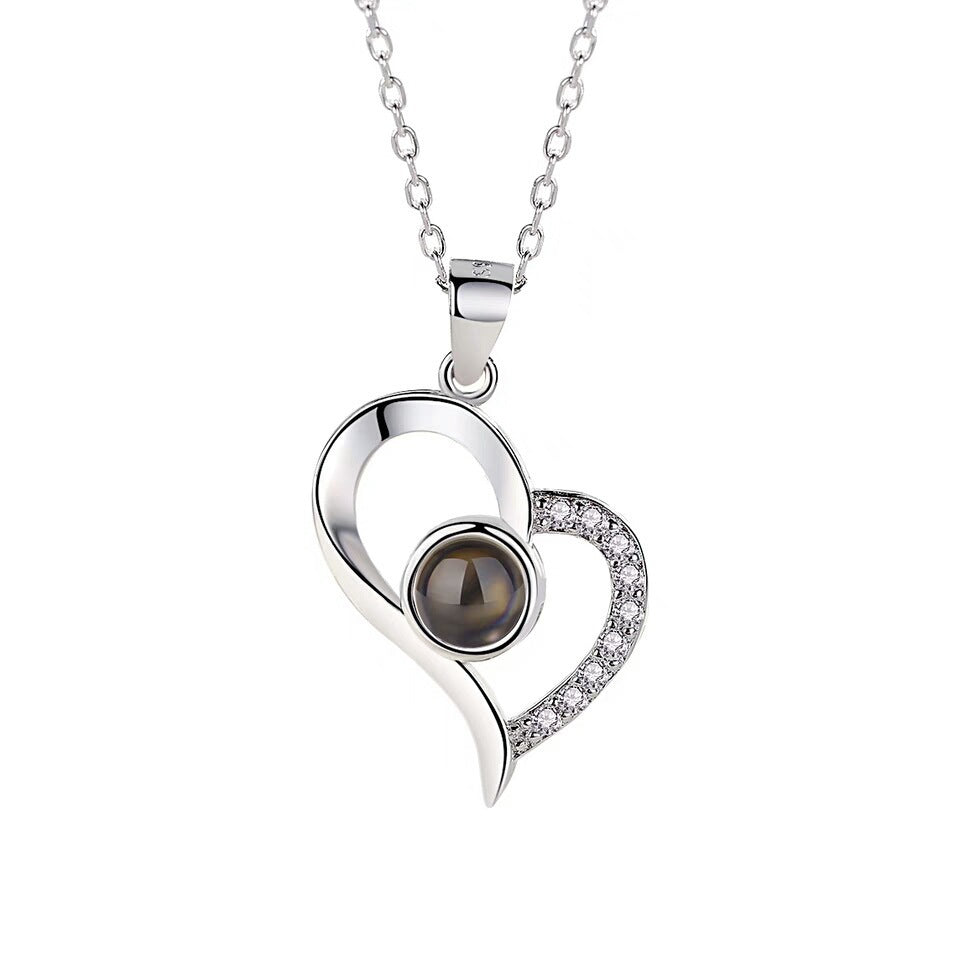 Photo projection zircon heart necklace