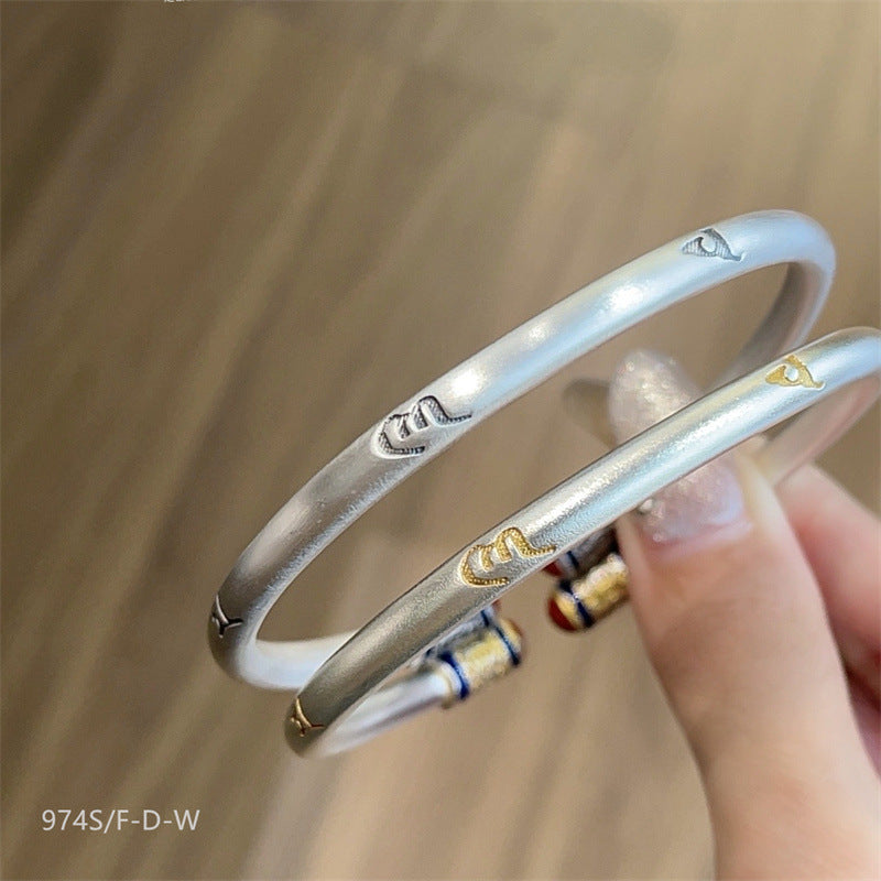 Chinese enamel pattern round stick sterling silver bracelet - jewelryweilin