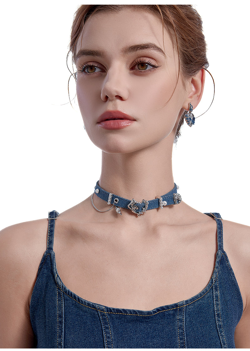 Choker Heart-shaped Denim Collar Chain Necklaces