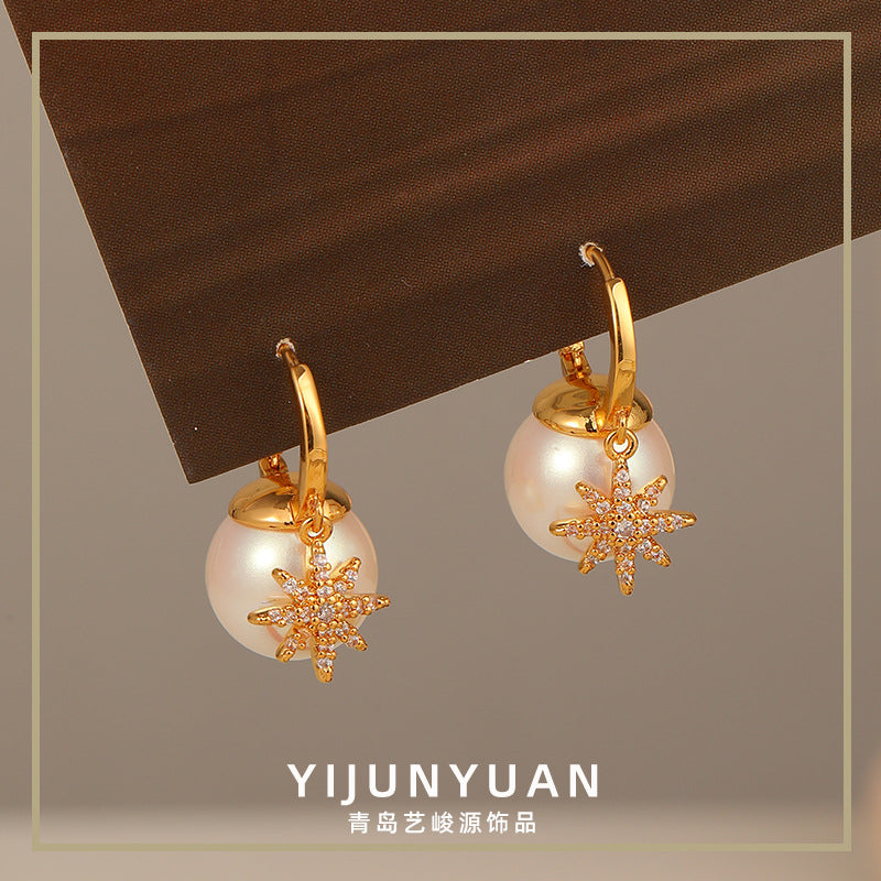 Retro Fashion Eight-pointed Star Pearl Zircon Earrings - jewelryweilin