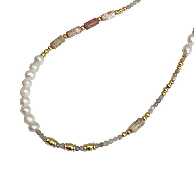 Simple colorful natural stone freshwater pearl beaded necklace for women - jewelryweilin