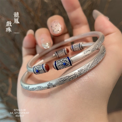 Chinese enamel pattern round stick sterling silver bracelet - jewelryweilin