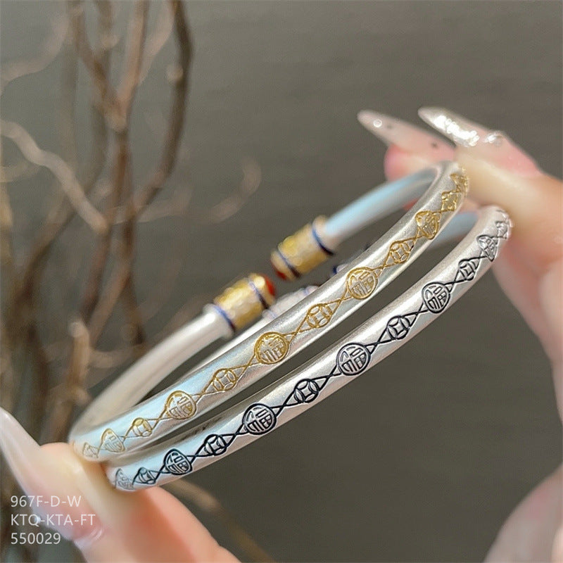 Chinese enamel pattern round stick sterling silver bracelet - jewelryweilin