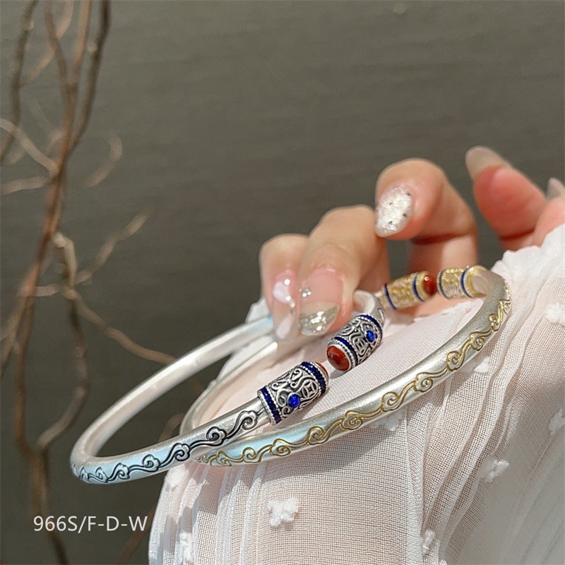 Chinese enamel pattern round stick sterling silver bracelet - jewelryweilin