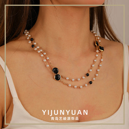High-end retro simple pearl stacking necklace - jewelryweilin