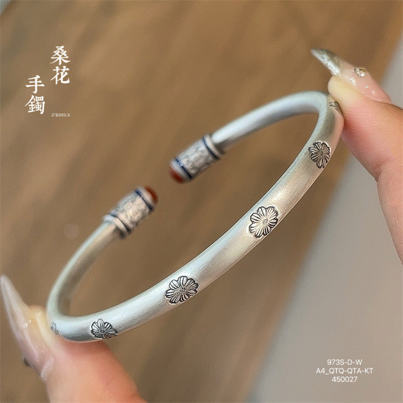 Chinese enamel pattern round stick sterling silver bracelet - jewelryweilin