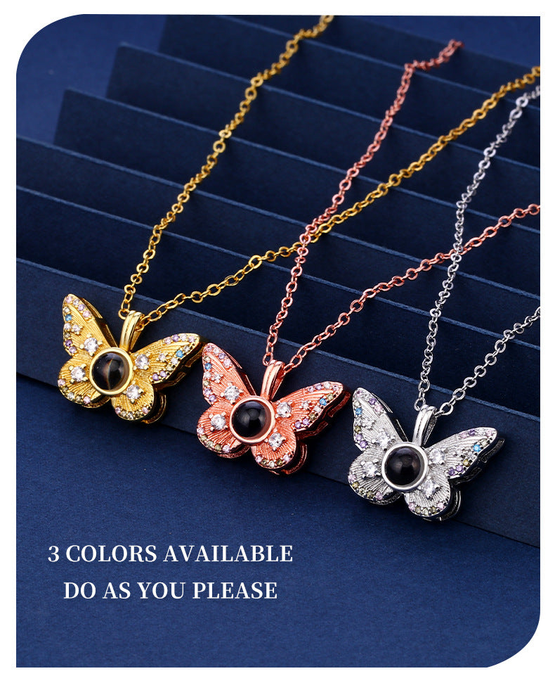 Photo projection colored diamond butterfly necklace