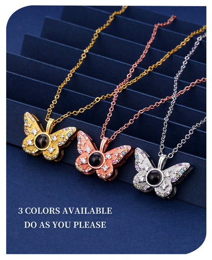 Photo projection colored diamond butterfly necklace