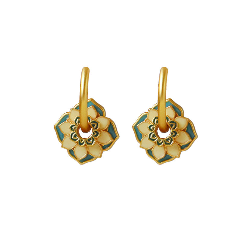 Oriental Ancient Style Oil Drop Enamel Summer Flower Earrings - jewelryweilin