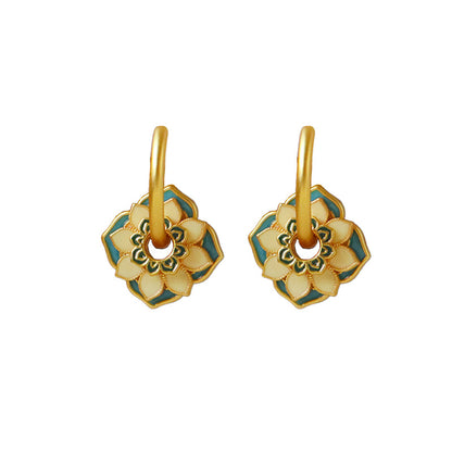 Oriental Ancient Style Oil Drop Enamel Summer Flower Earrings - jewelryweilin