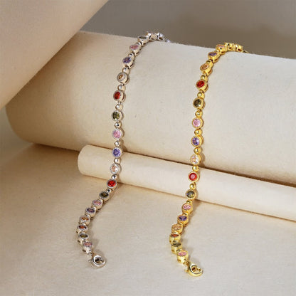 High-grade colorful zircon round bead chain tennis bracelet - jewelryweilin