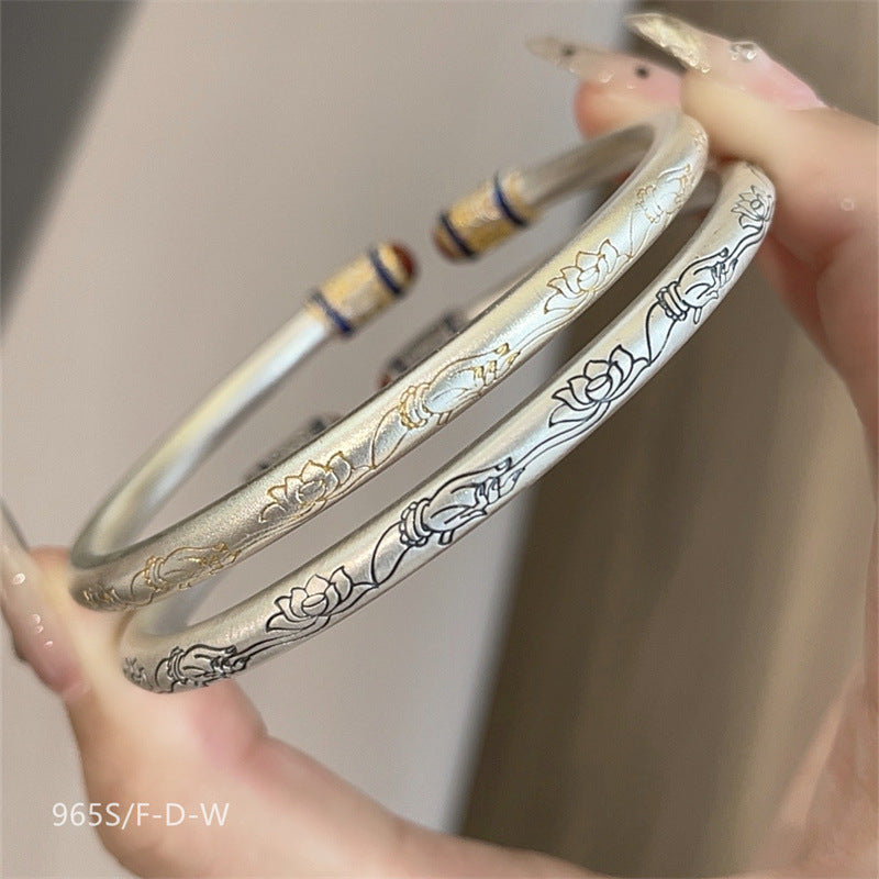 Chinese enamel pattern round stick sterling silver bracelet - jewelryweilin