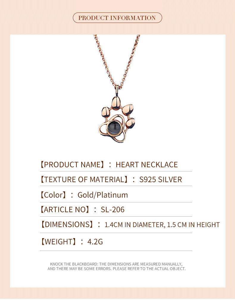 Photo projection dog paw necklace