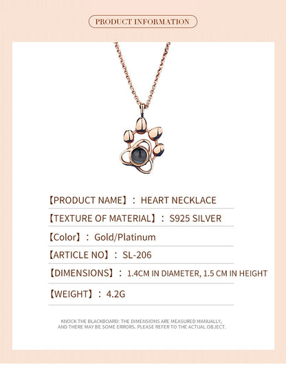 Photo projection dog paw necklace