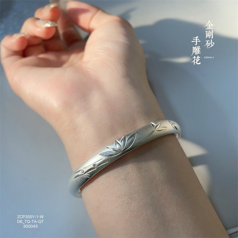 China Solid Sterling Silver Bamboo Leaf Open Bracelet - jewelryweilin