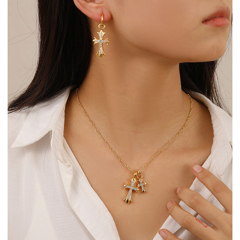 Simple personality retro zircon double cross women's necklace - jewelryweilin