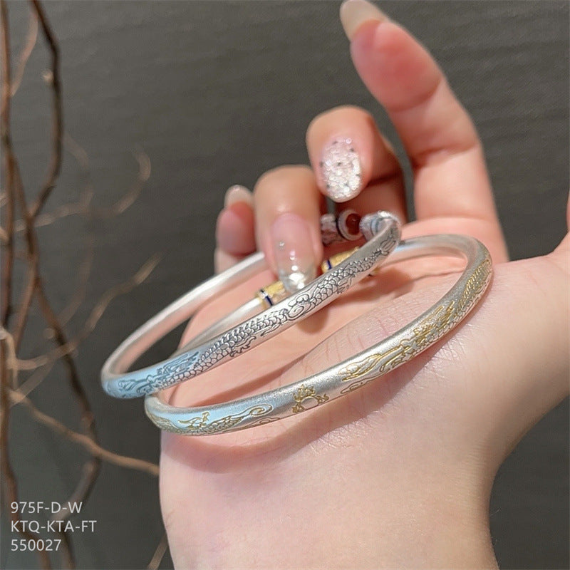 Chinese enamel pattern round stick sterling silver bracelet - jewelryweilin