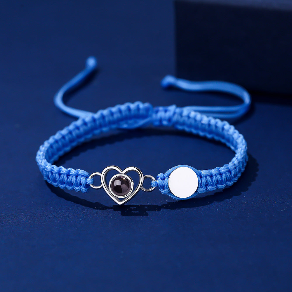 Color photo projection heart engraved braided rope bracelet
