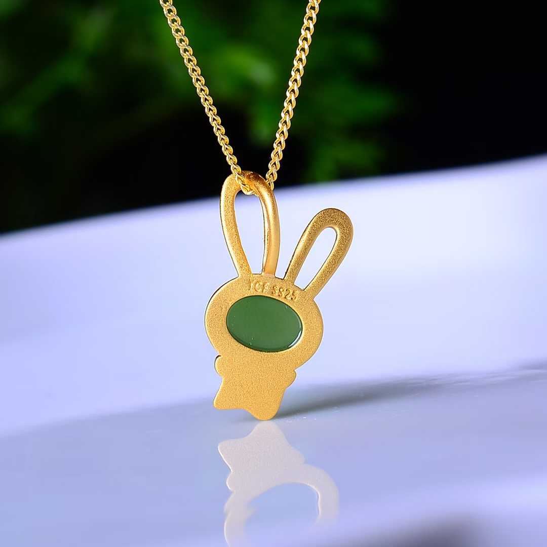 925 Sterling Silver-Inlaid Hetian Green Jade Rabbit 🐰 Pendant with Thick Matte Gold Plating