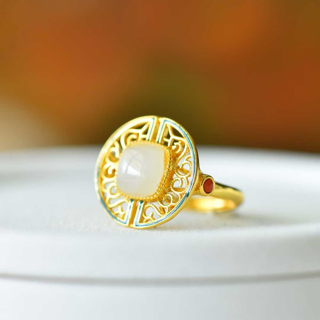 925 Silver Inlaid Hetian Nephrite "Longevity Vine" Ring