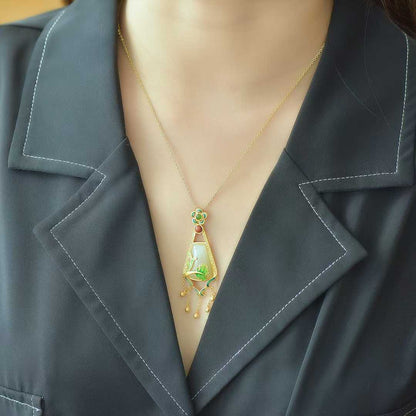 925 Silver Inlaid Nephrite "One Leaf Contains the Universe" Tassel Pendant